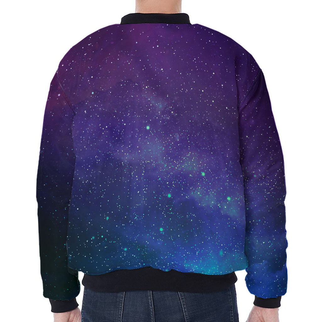 Purple Turquoise Galaxy Space Print Zip Sleeve Bomber Jacket