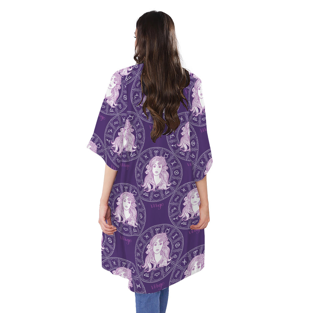 Purple Virgo Zodiac Pattern Print Open Front Beach Cover Up