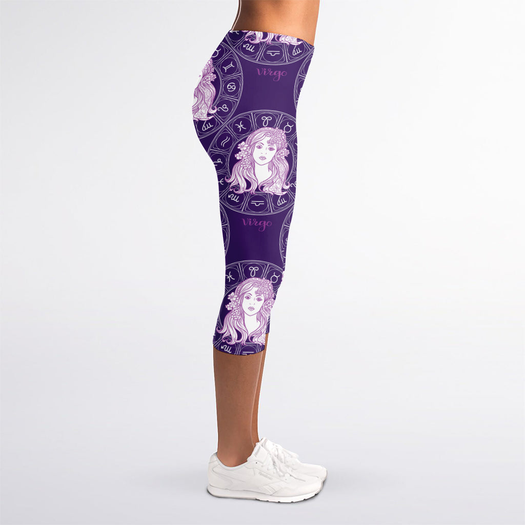 Purple Virgo Zodiac Pattern Print Women's Capri Leggings
