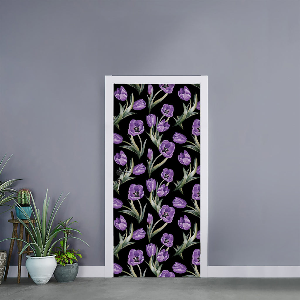 Purple Watercolor Tulip Pattern Print Door Sticker