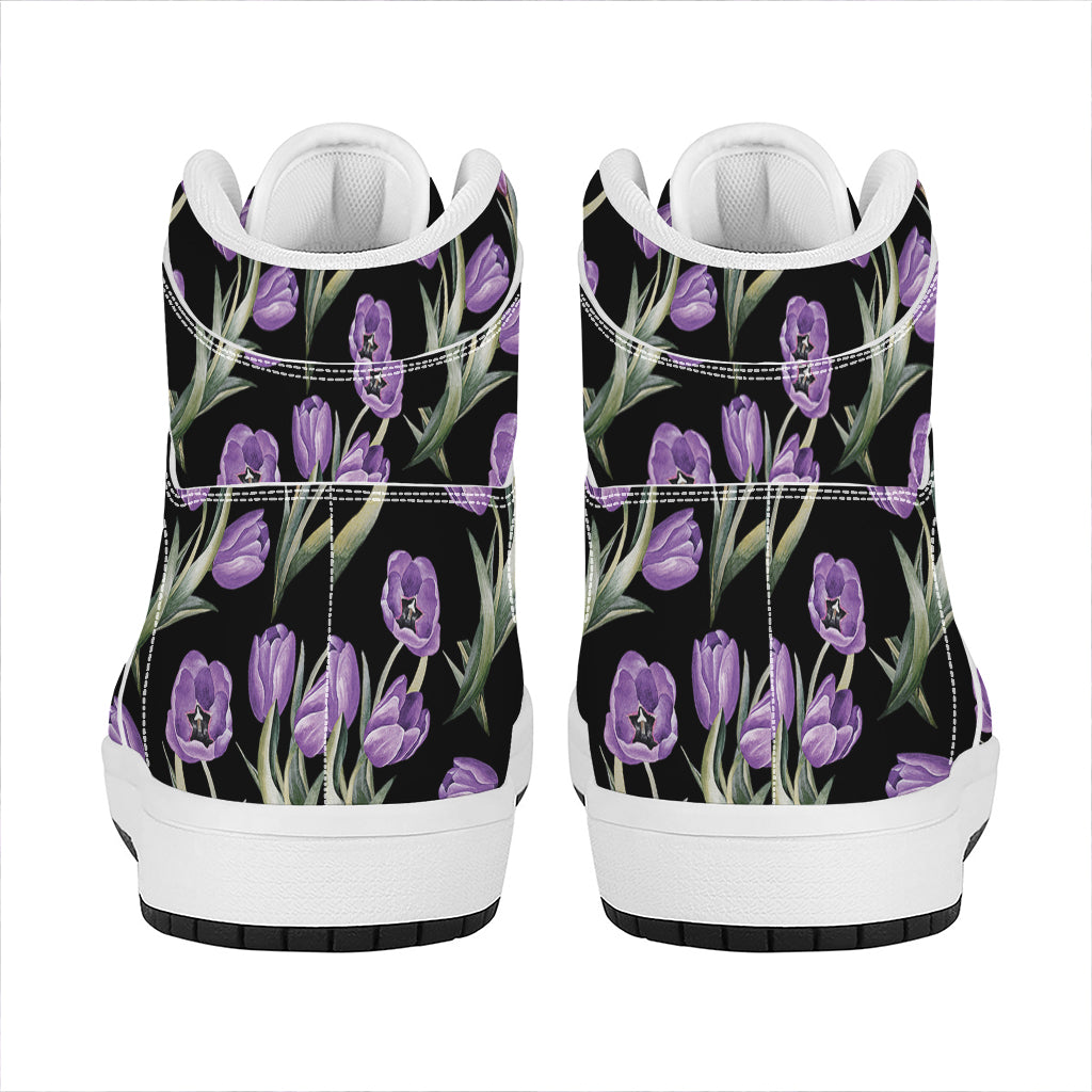 Purple Watercolor Tulip Pattern Print High Top Leather Sneakers