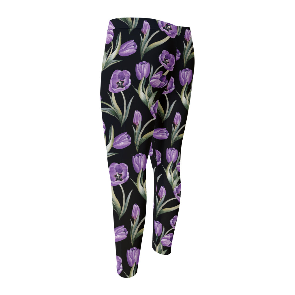 Purple Watercolor Tulip Pattern Print Men's Compression Pants