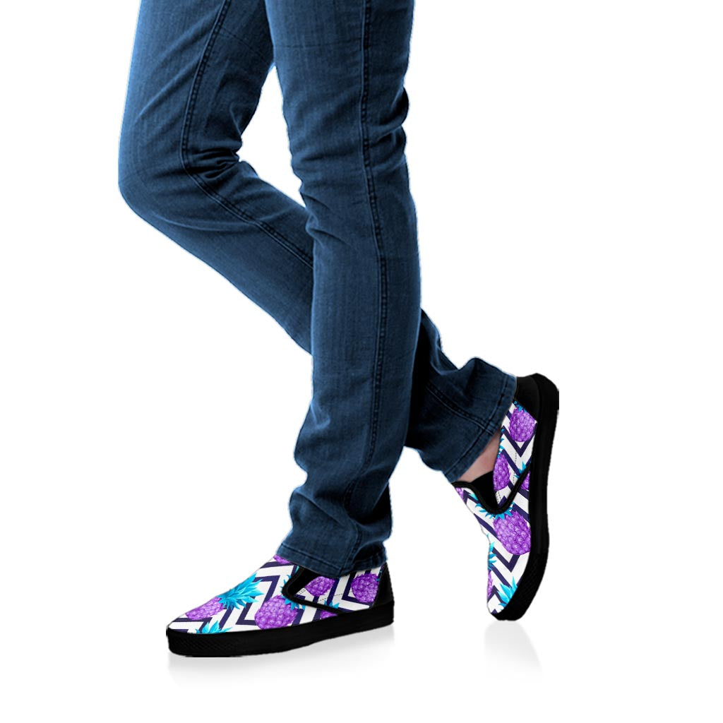Purple Zig Zag Pineapple Pattern Print Black Slip On Sneakers