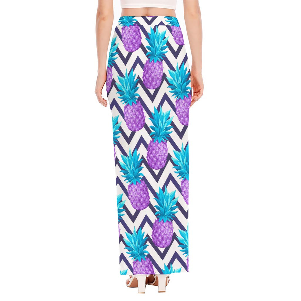 Purple Zig Zag Pineapple Pattern Print High Slit Maxi Skirt