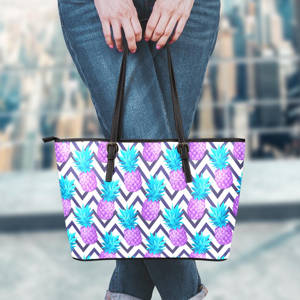 Purple Zig Zag Pineapple Pattern Print Leather Tote Bag