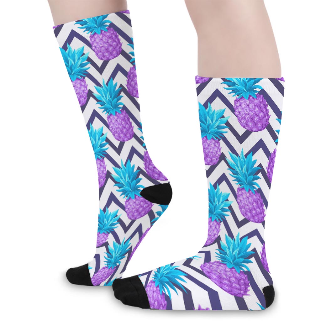 Purple Zig Zag Pineapple Pattern Print Long Socks