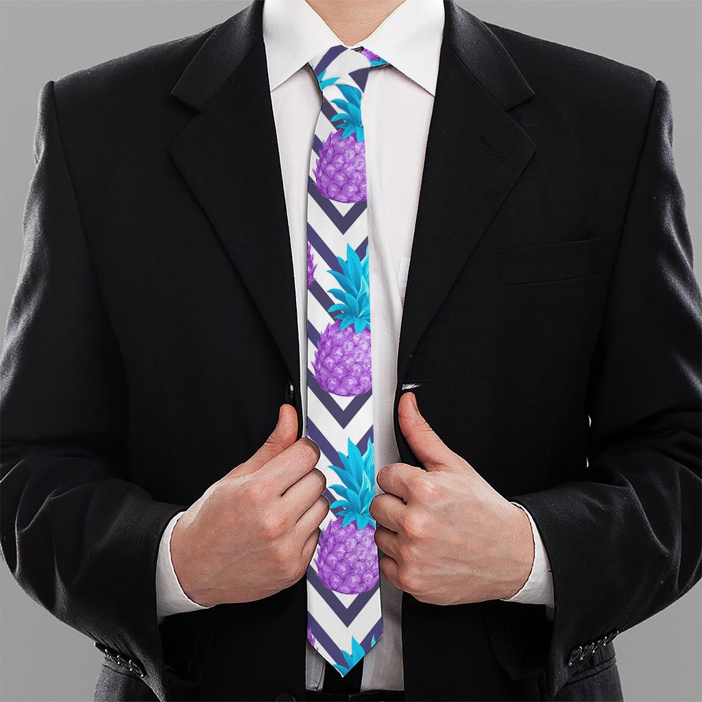 Purple Zig Zag Pineapple Pattern Print Necktie
