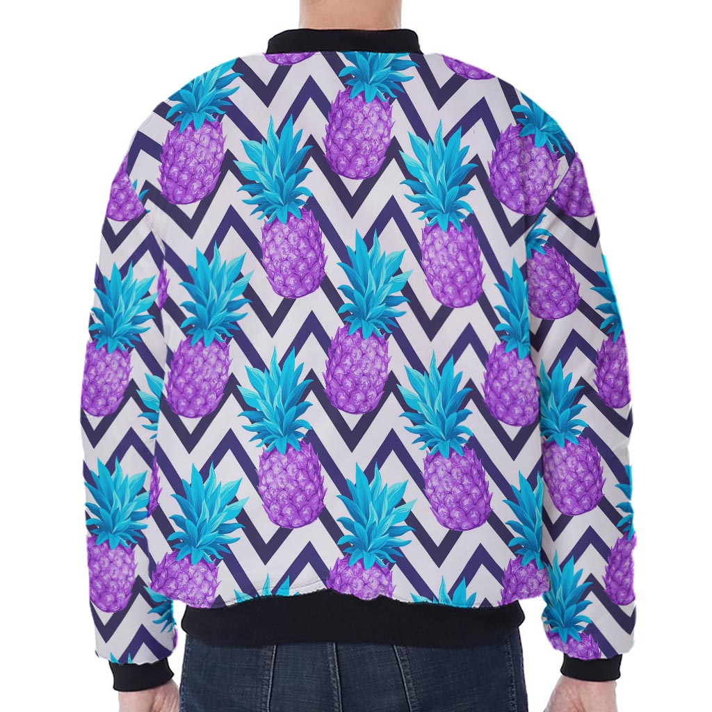 Purple Zig Zag Pineapple Pattern Print Zip Sleeve Bomber Jacket