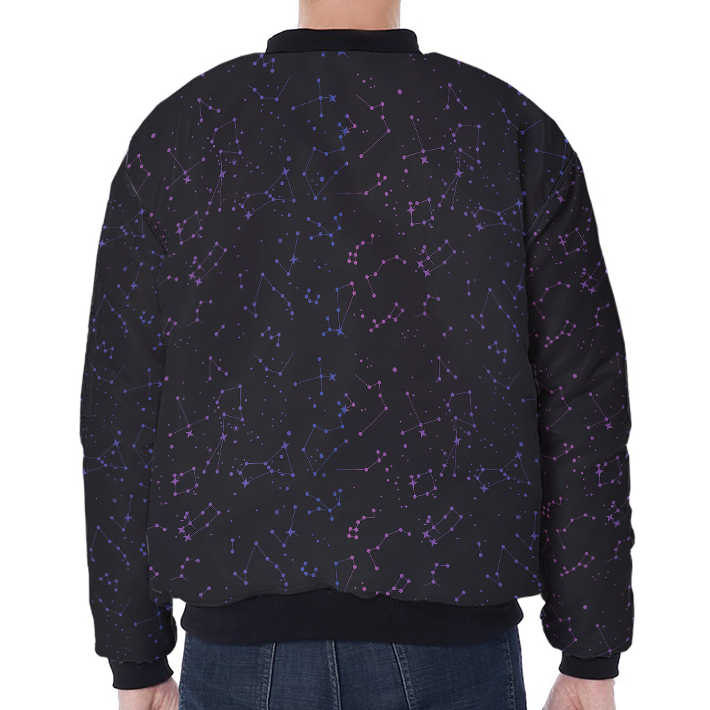 Purple Zodiac Stars Pattern Print Zip Sleeve Bomber Jacket