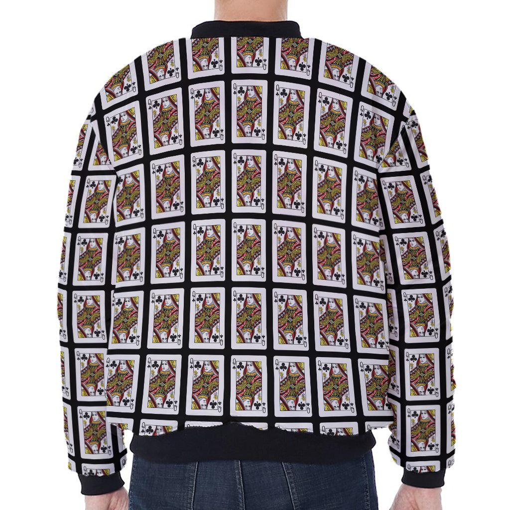 Queen Of Clubs Pattern Print Zip Sleeve Bomber Jacket