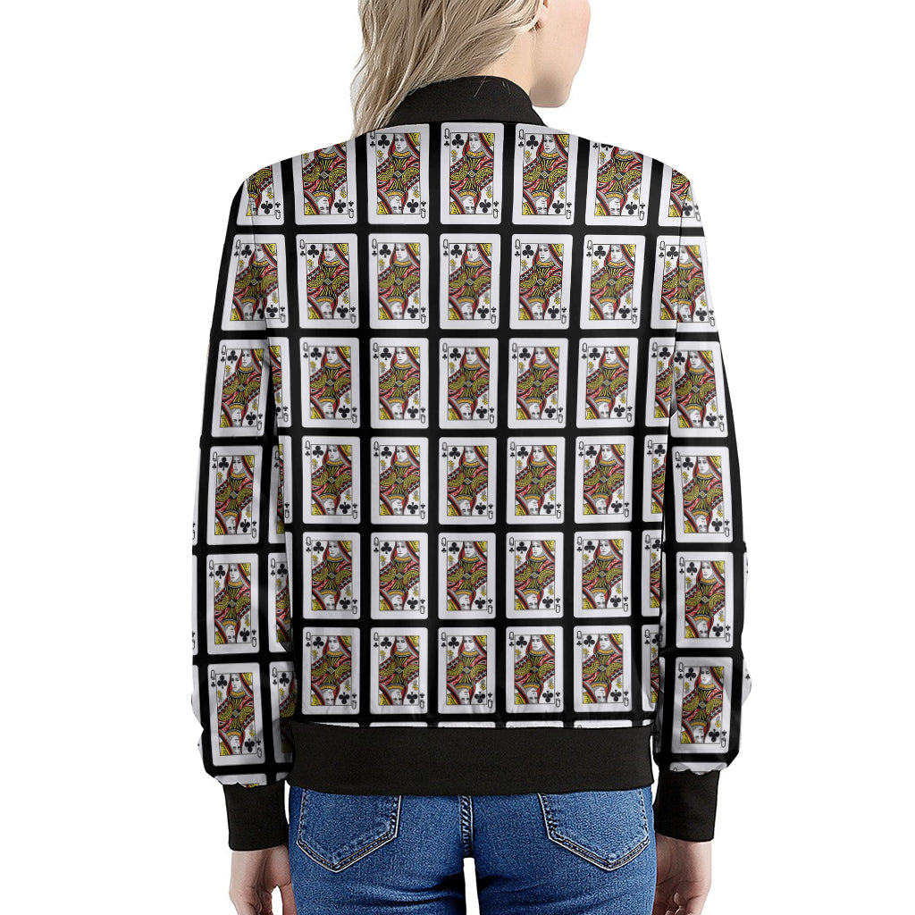 Queen Of Clubs Playing Card Pattern Print Women's Bomber Jacket