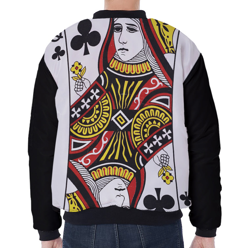 Queen Of Clubs Playing Card Print Zip Sleeve Bomber Jacket