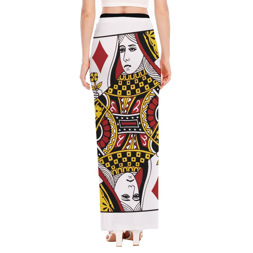 Queen Of Diamonds Playing Card Print High Slit Maxi Skirt
