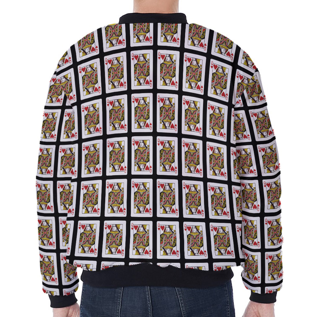 Queen Of Hearts Pattern Print Zip Sleeve Bomber Jacket