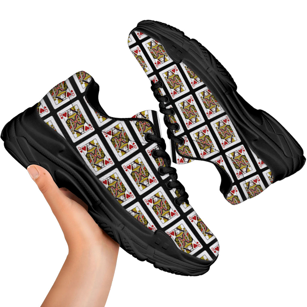 Queen Of Hearts Playing Card Pattern Print Black Chunky Shoes