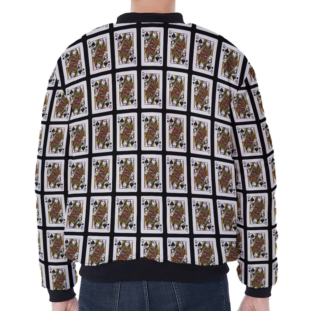 Queen Of Spades Pattern Print Zip Sleeve Bomber Jacket
