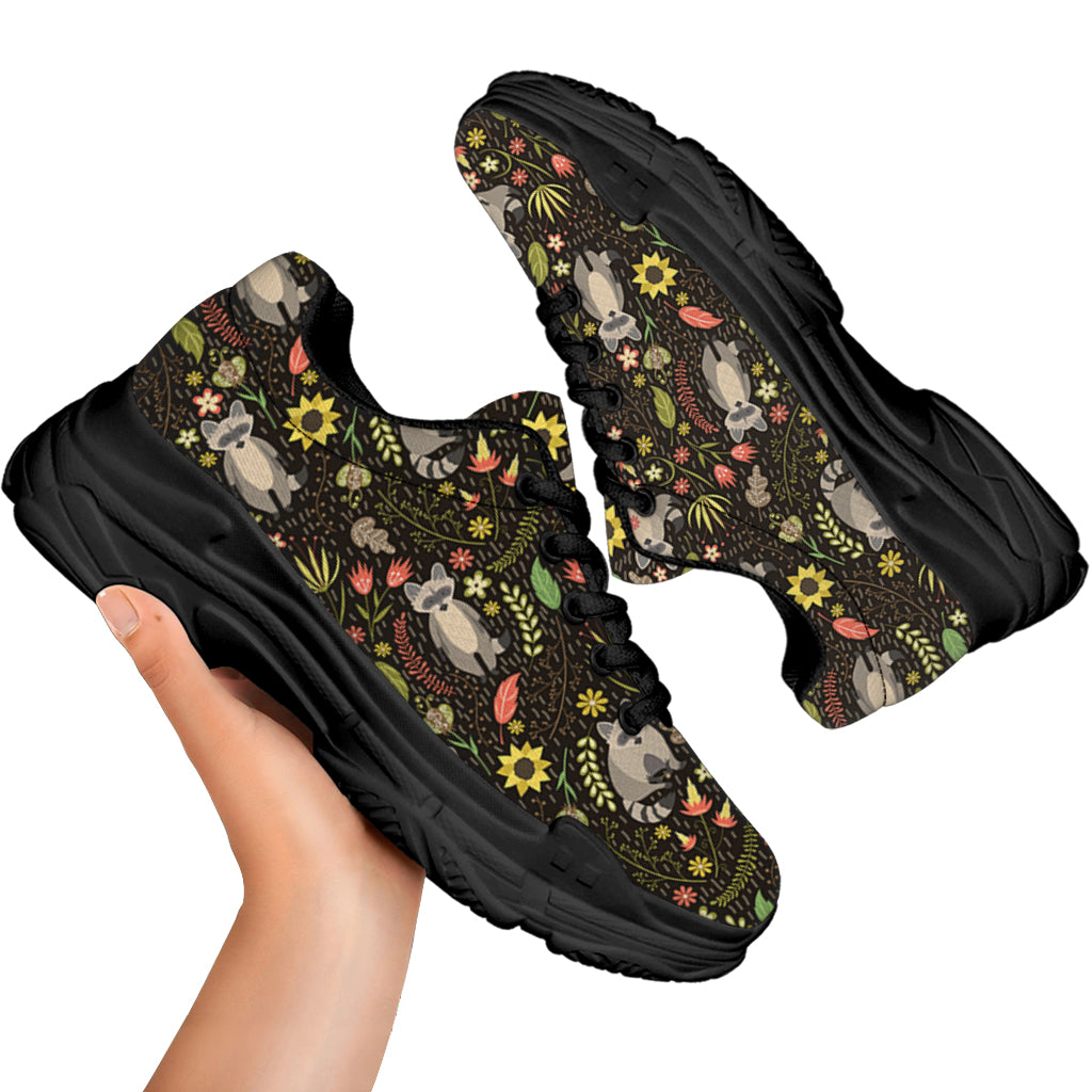 Raccoon And Floral Pattern Print Black Chunky Shoes
