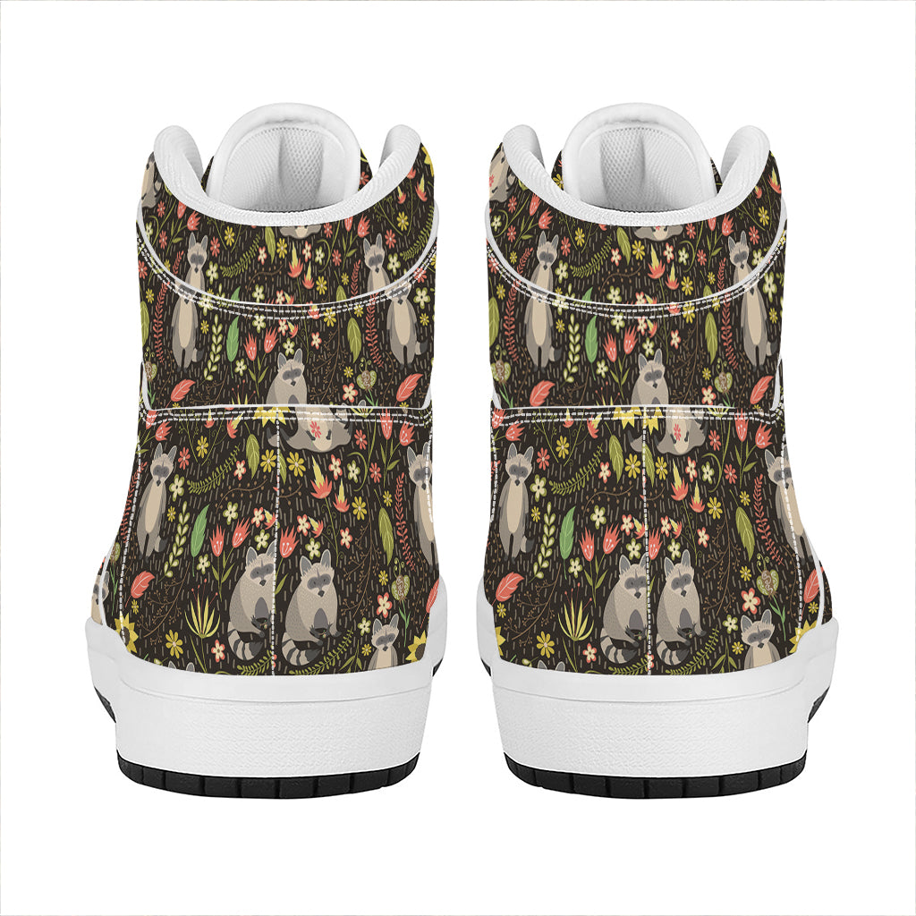 Raccoon And Floral Pattern Print High Top Leather Sneakers
