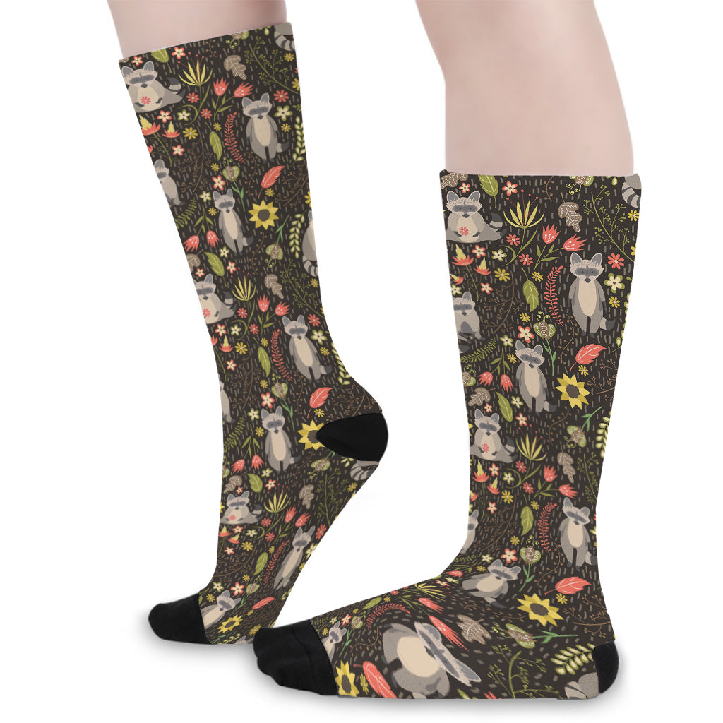 Raccoon And Floral Pattern Print Long Socks