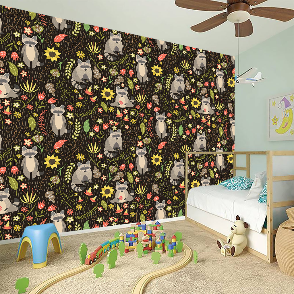 Raccoon And Floral Pattern Print Wall Sticker