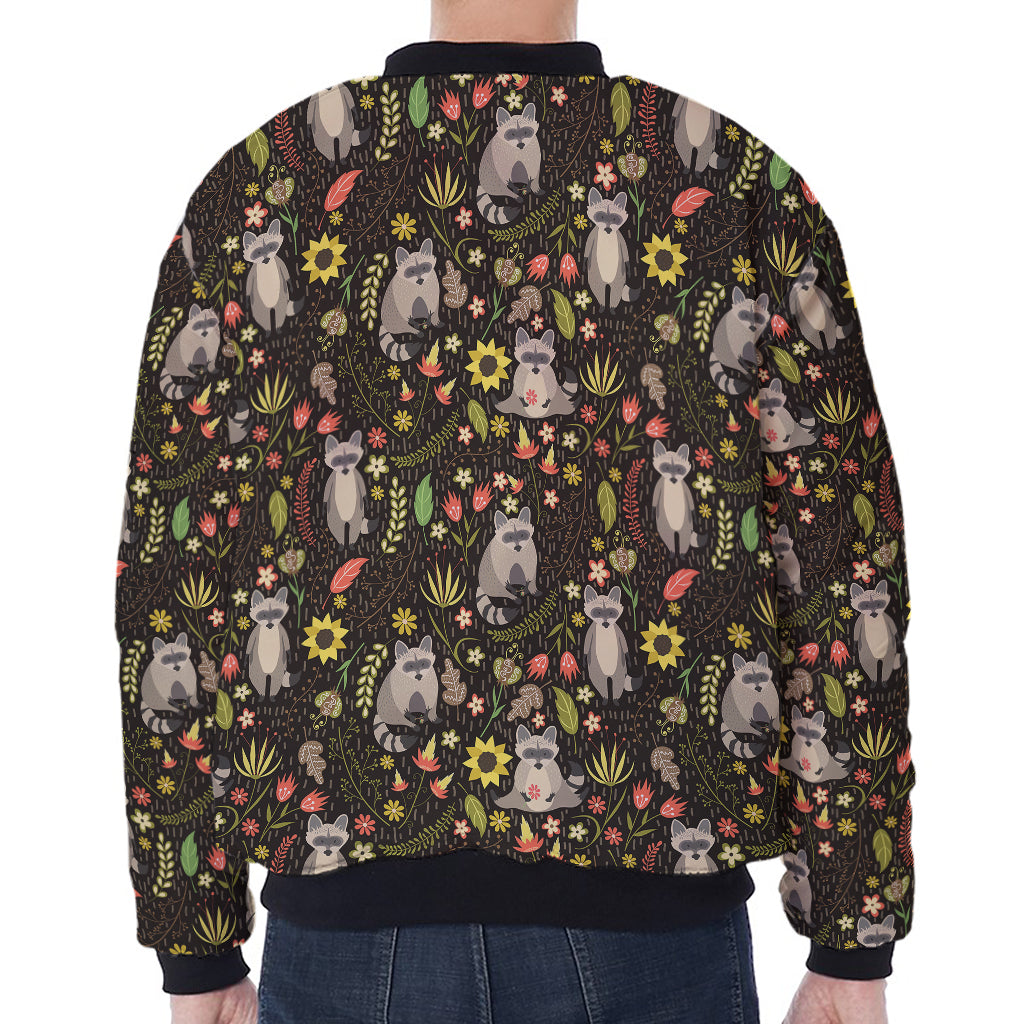 Raccoon And Floral Pattern Print Zip Sleeve Bomber Jacket