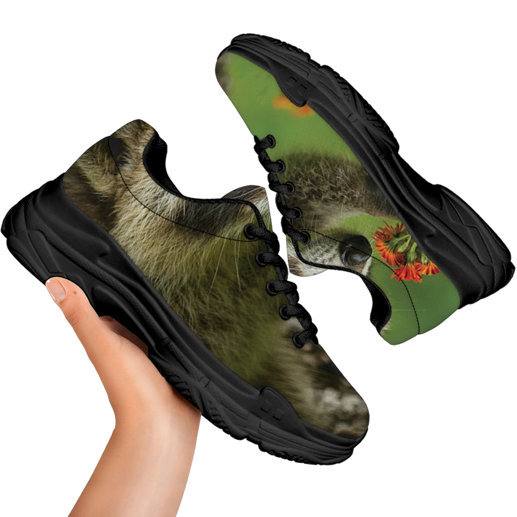 Raccoon And Flower Print Black Chunky Shoes