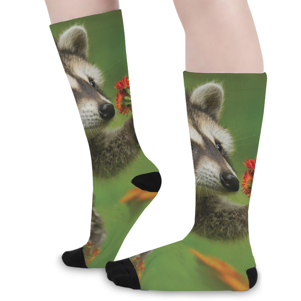 Raccoon And Flower Print Long Socks
