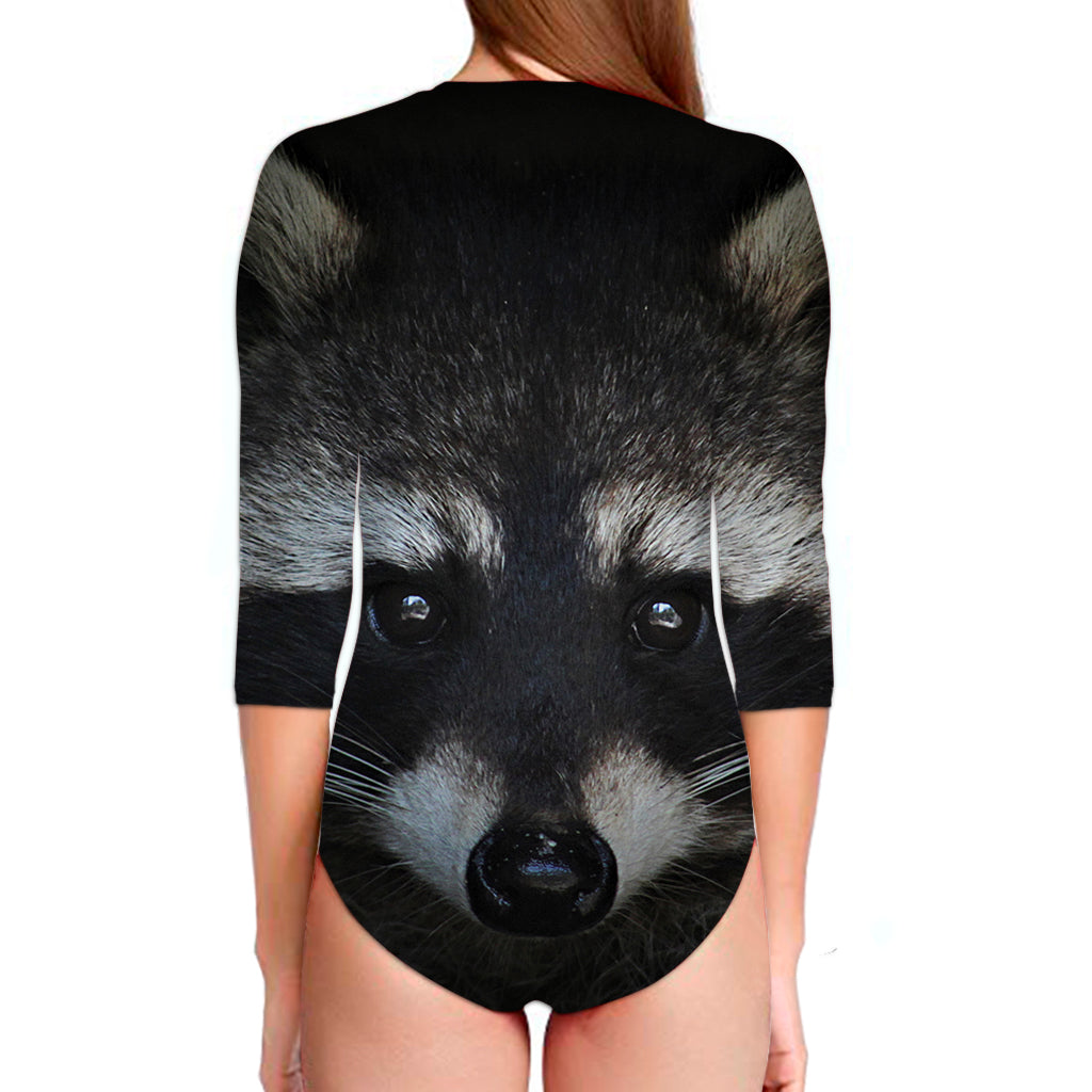 Raccoon Portrait Print Long Sleeve Swimsuit