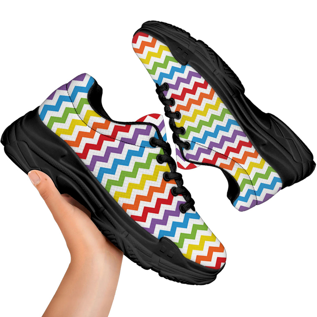 Rainbow Chevron Pattern Print Black Chunky Shoes