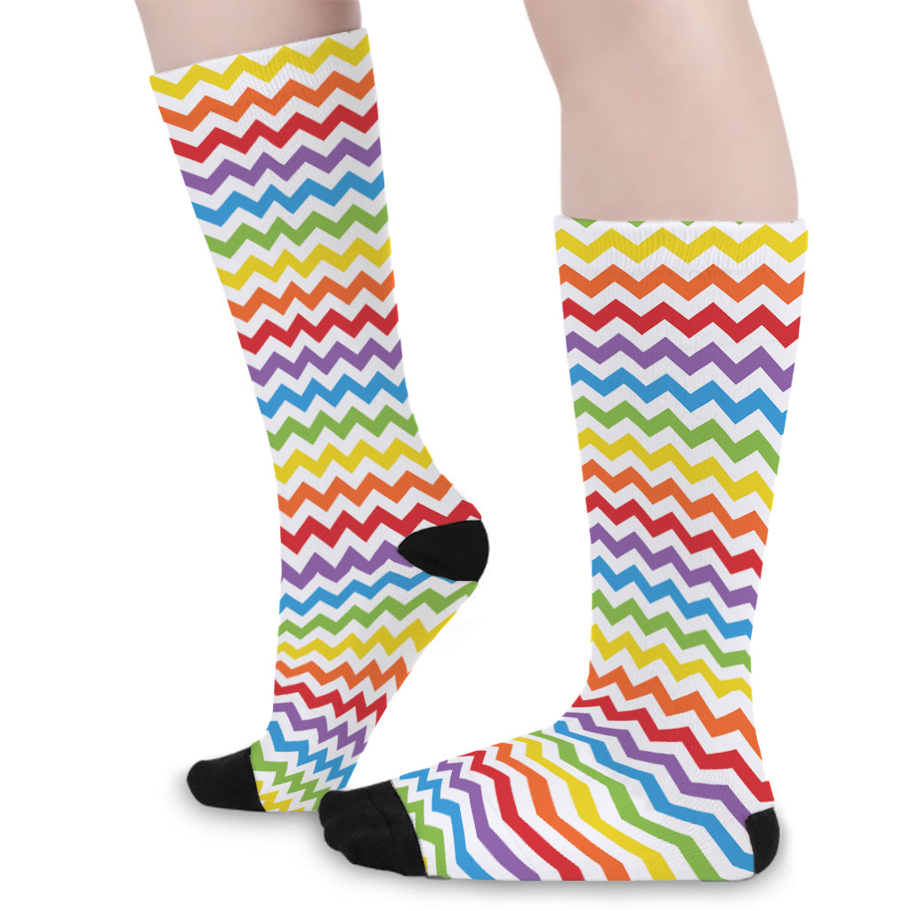Rainbow Chevron Pattern Print Long Socks