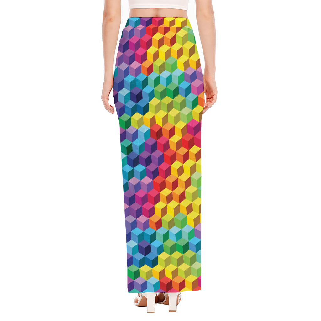 Rainbow Cubes Pattern Print High Slit Maxi Skirt
