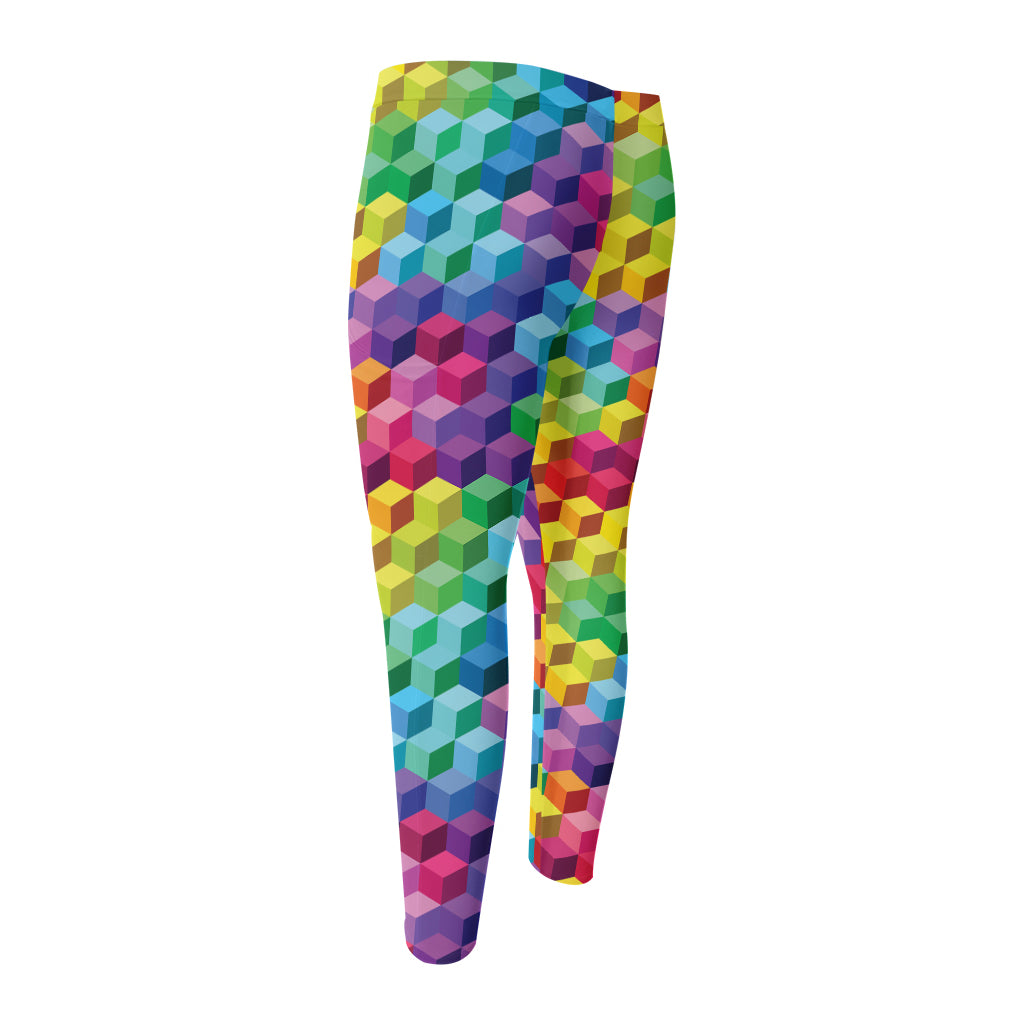 Rainbow Cubes Pattern Print Men's Compression Pants