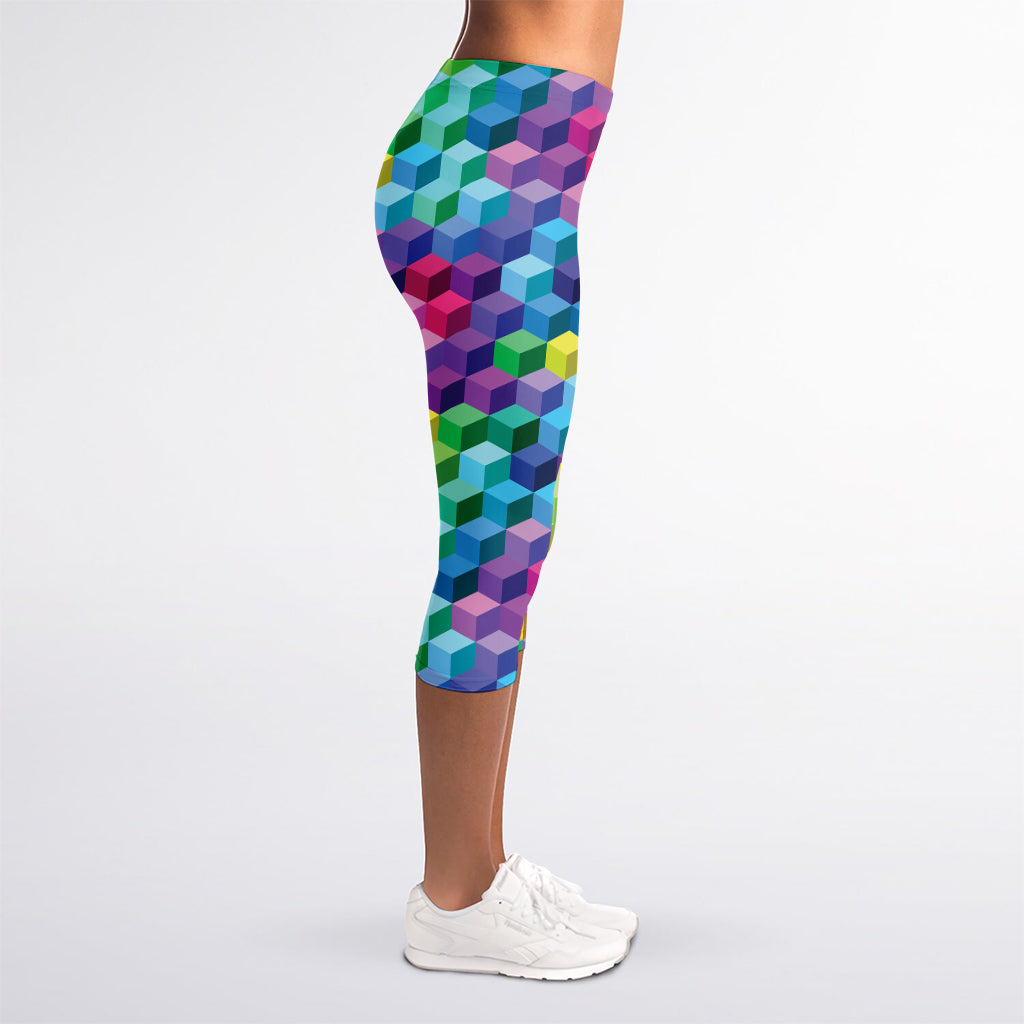 Rainbow Cubes Pattern Print Women's Capri Leggings