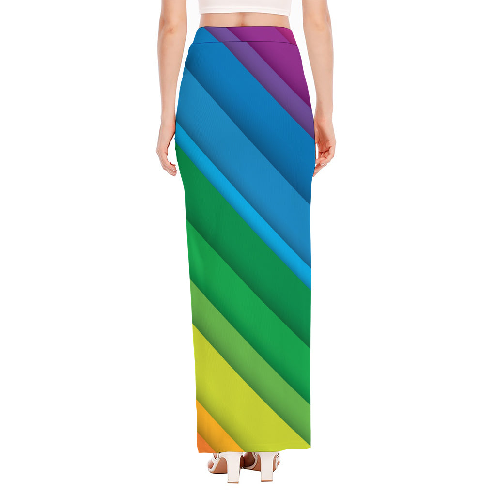 Rainbow Diagonal Lines Pattern Print High Slit Maxi Skirt