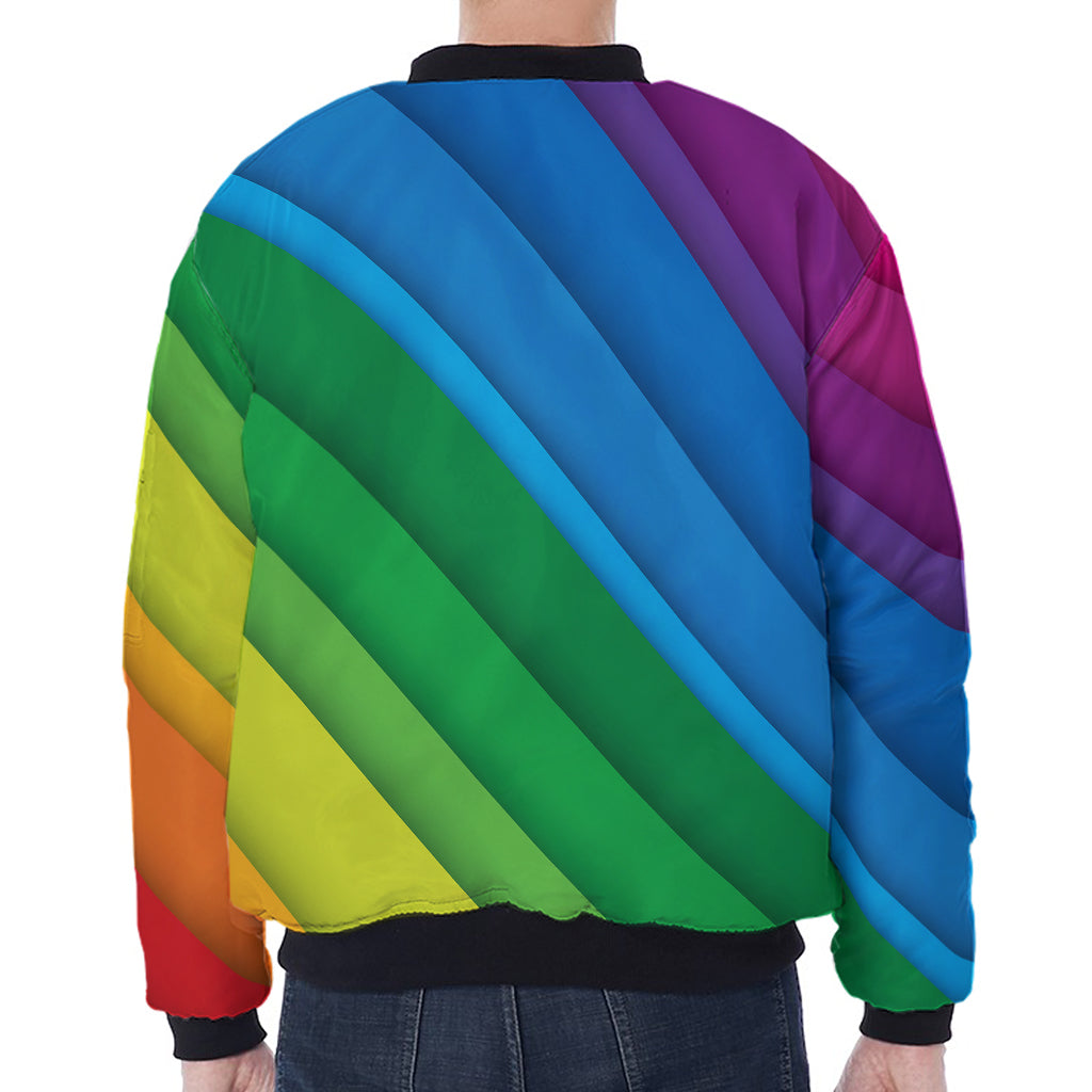 Rainbow Diagonal Lines Pattern Print Zip Sleeve Bomber Jacket