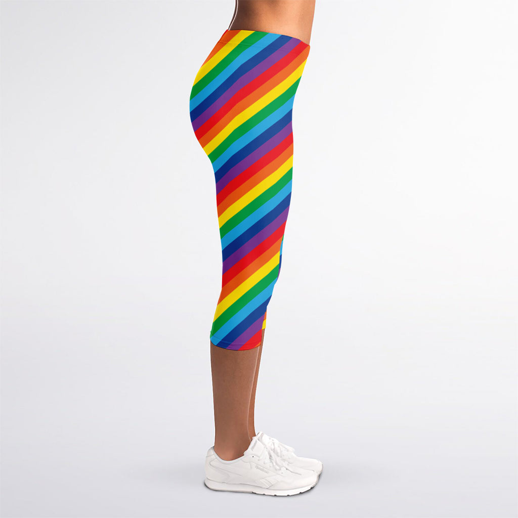 Rainbow Diagonal Striped Pattern Print Women's Capri Leggings