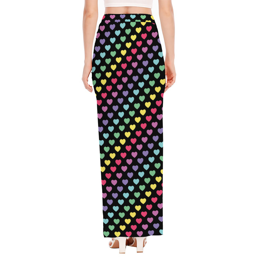 Rainbow Heart Pattern Print High Slit Maxi Skirt