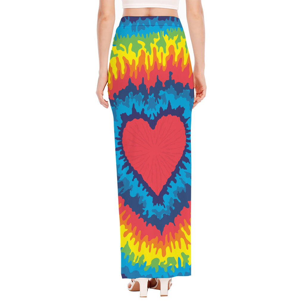 Rainbow Heart Tie Dye Print High Slit Maxi Skirt