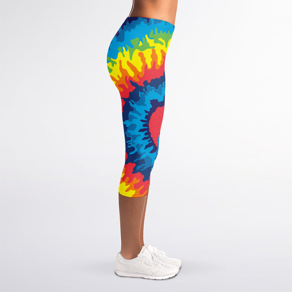 Rainbow Heart Tie Dye Print Women's Capri Leggings