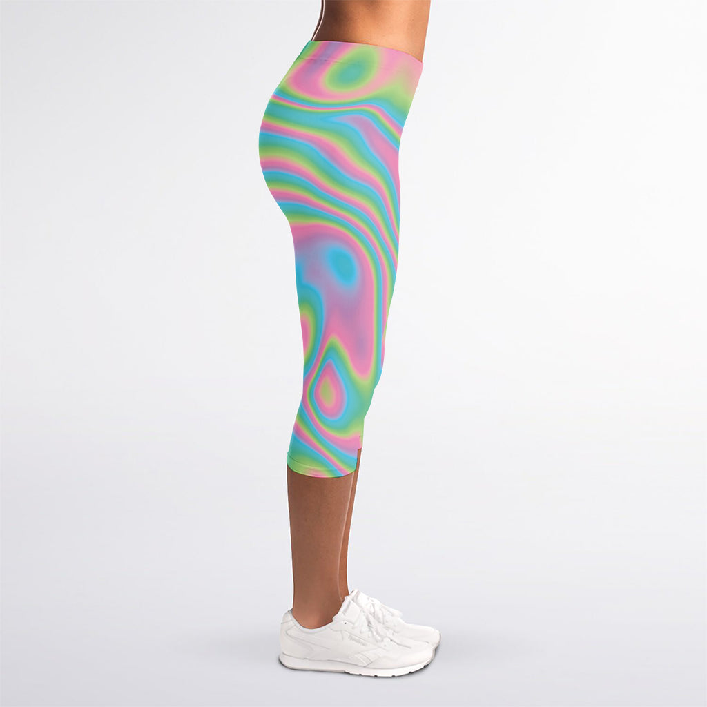 Rainbow Holographic Print Women's Capri Leggings