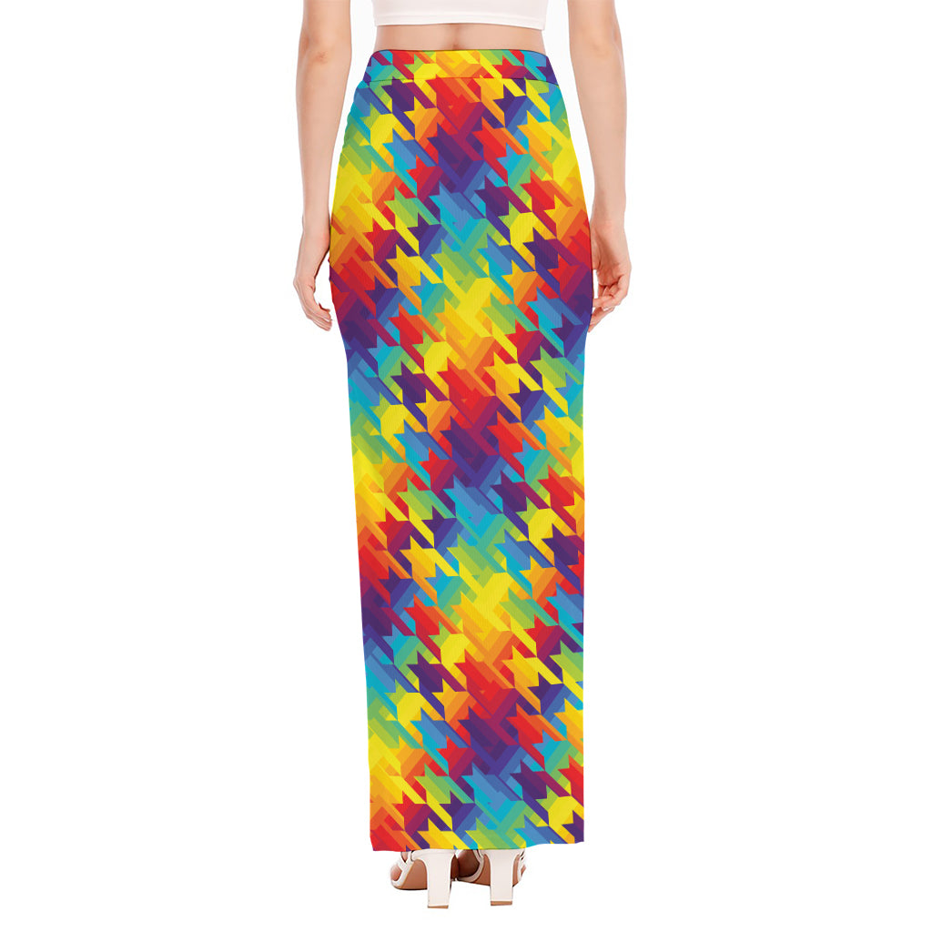 Rainbow Houndstooth Pattern Print High Slit Maxi Skirt