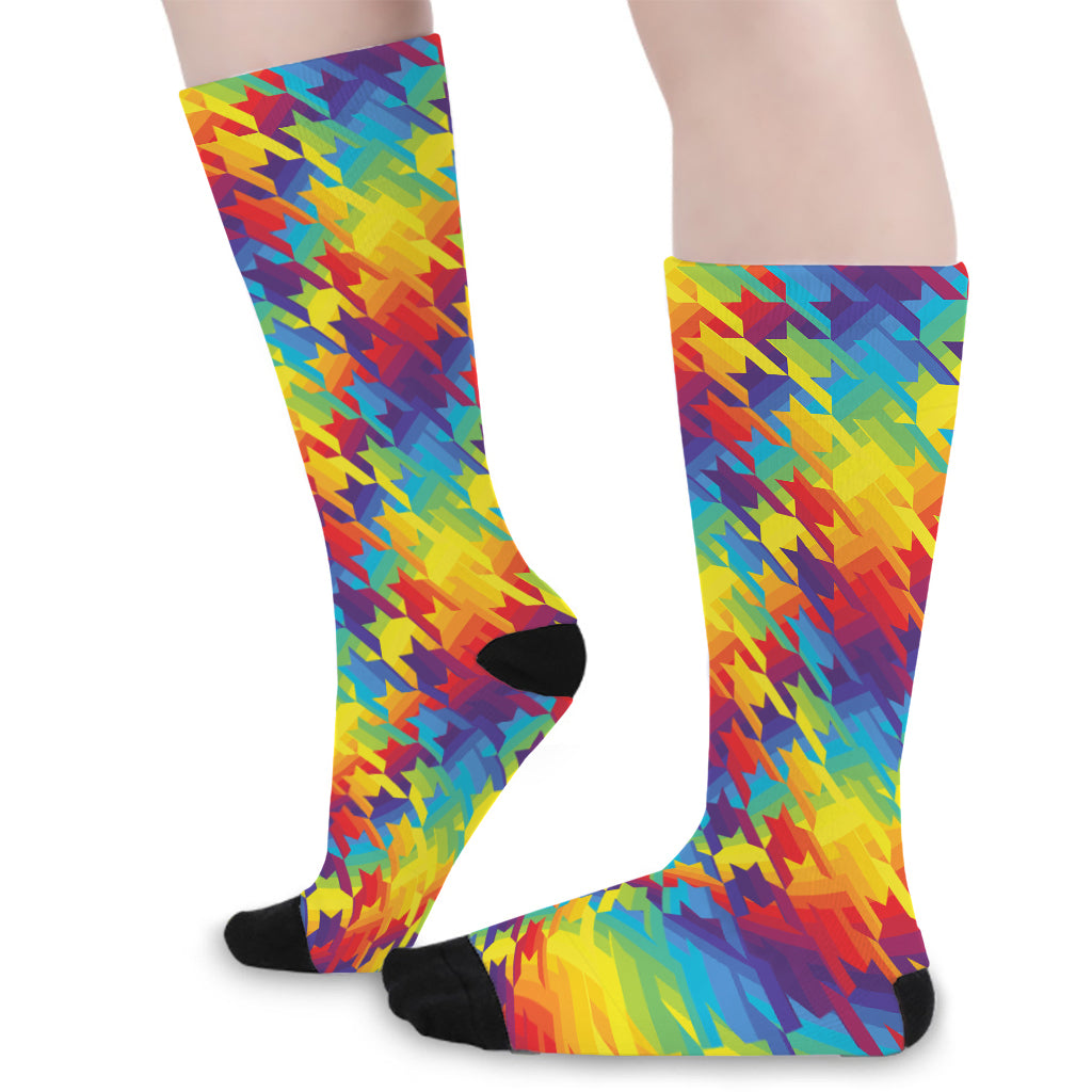 Rainbow Houndstooth Pattern Print Long Socks