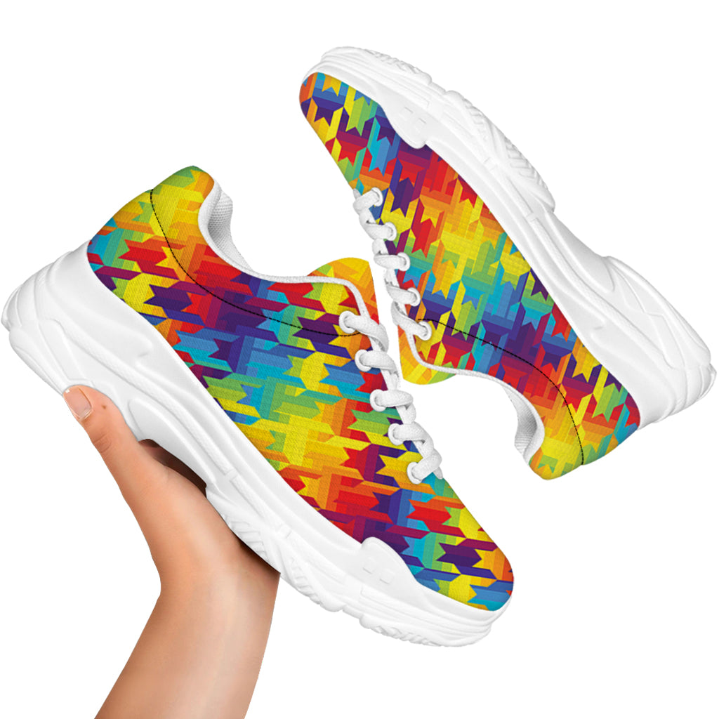 Rainbow Houndstooth Pattern Print White Chunky Shoes