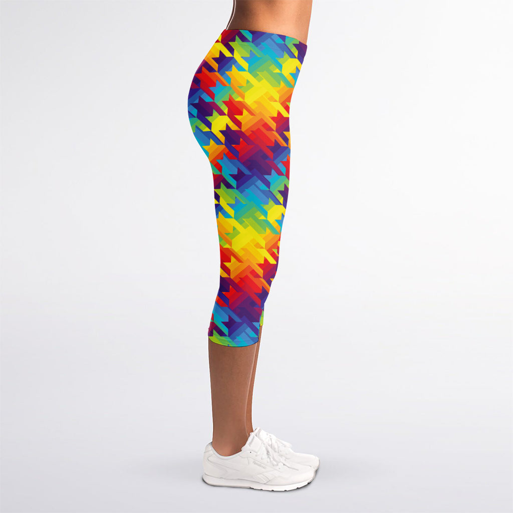Rainbow Houndstooth Pattern Print Women's Capri Leggings