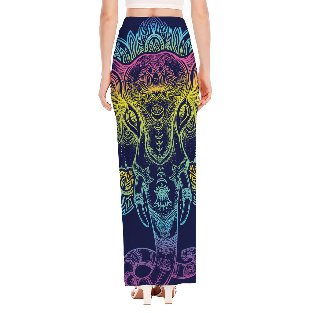 Rainbow Indian Elephant Print High Slit Maxi Skirt