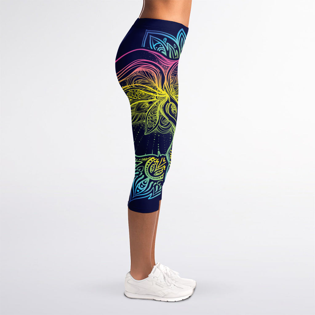 Rainbow Indian Elephant Print Women's Capri Leggings