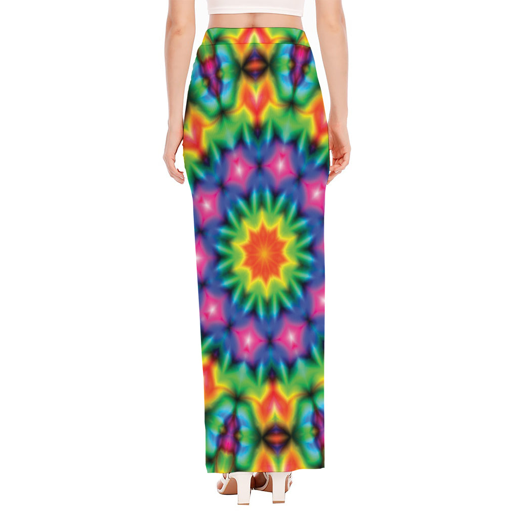 Rainbow Kaleidoscope Print High Slit Maxi Skirt