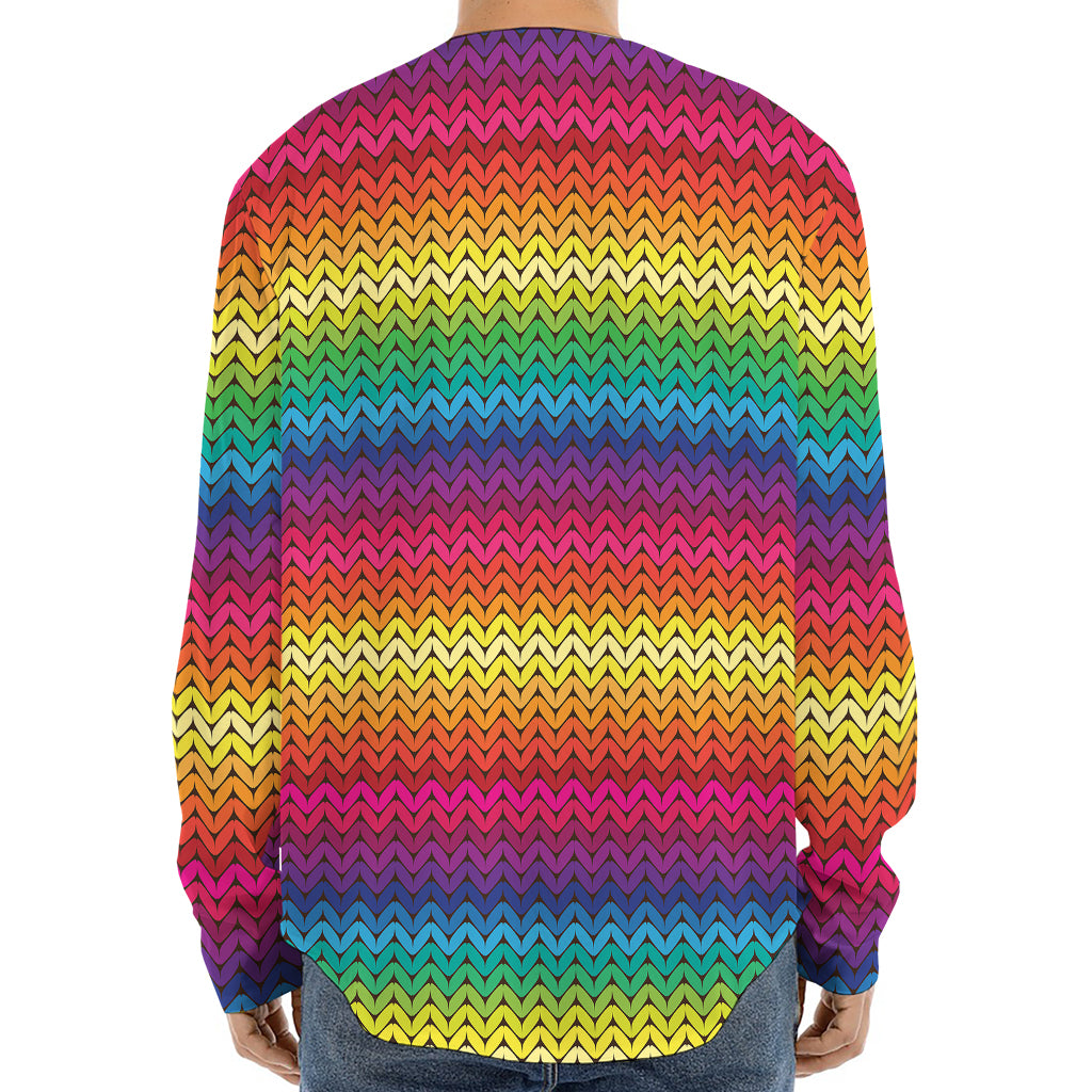 Rainbow Knitted Mexican Pattern Print Long Sleeve Baseball Jersey