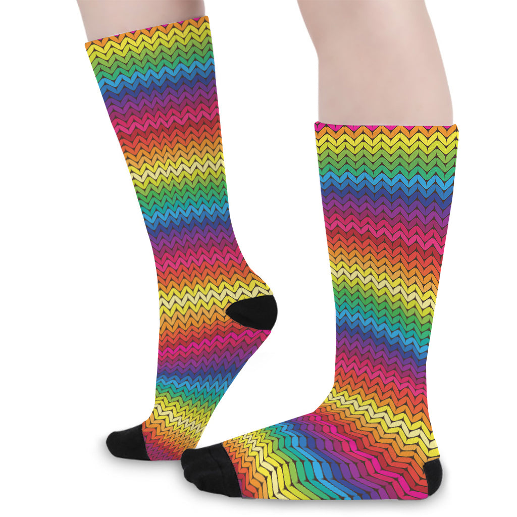 Rainbow Knitted Mexican Pattern Print Long Socks