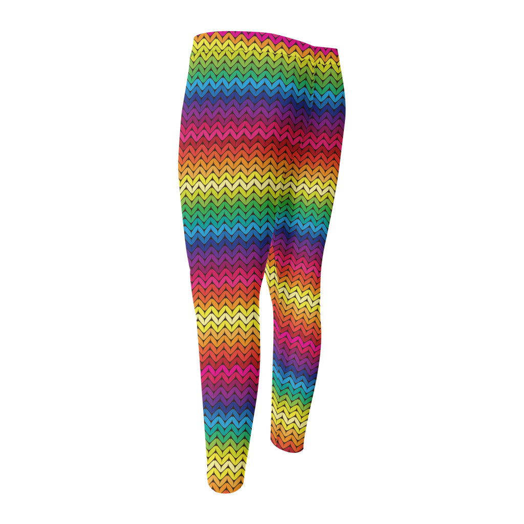 Rainbow Knitted Mexican Pattern Print Men's Compression Pants